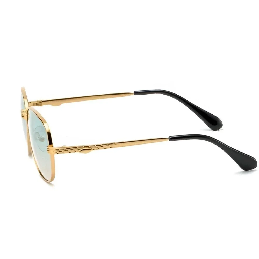Gold Geometric‎ Sunglasses Teal Gradient Lens Metal Textured Frame Retro Women